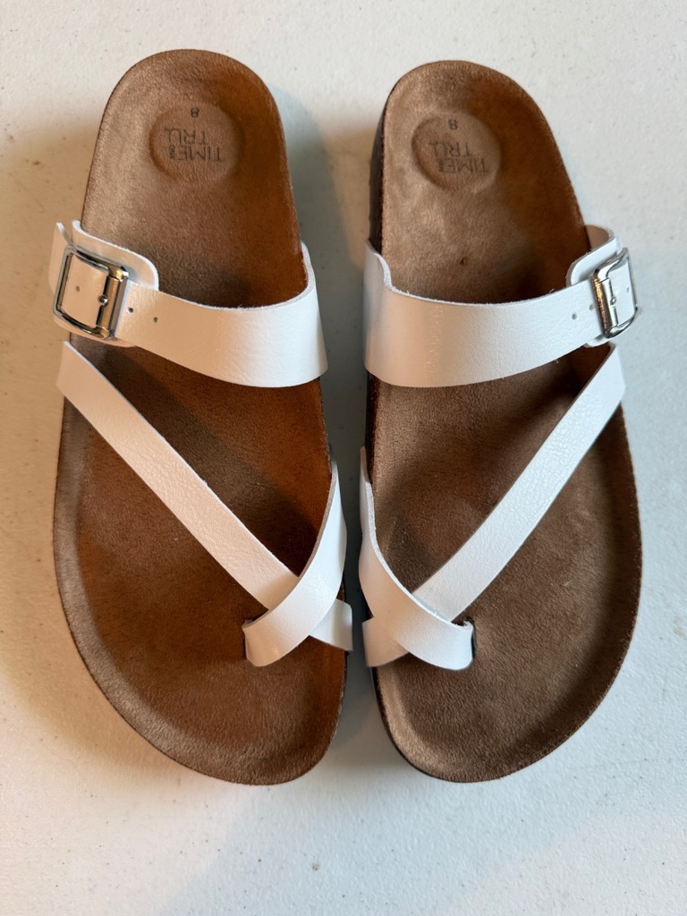 Time and Tru White Strappy Slide Sandals